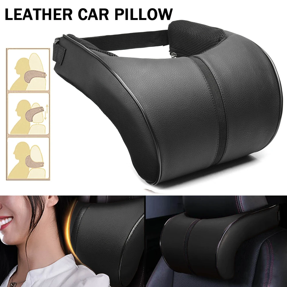 1xBlack Leather Car Auto Memory Foam Pillow Seat Head Neck Headrest Rest Cushion 