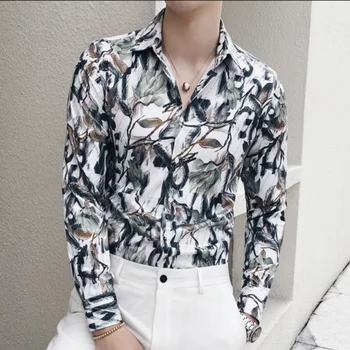 

Men's Long Sleeve Shirt 2019 Male New Korean Floral Print Shirt Fashion Single Breasted Slim Long Sleeve Shirt M-3XL