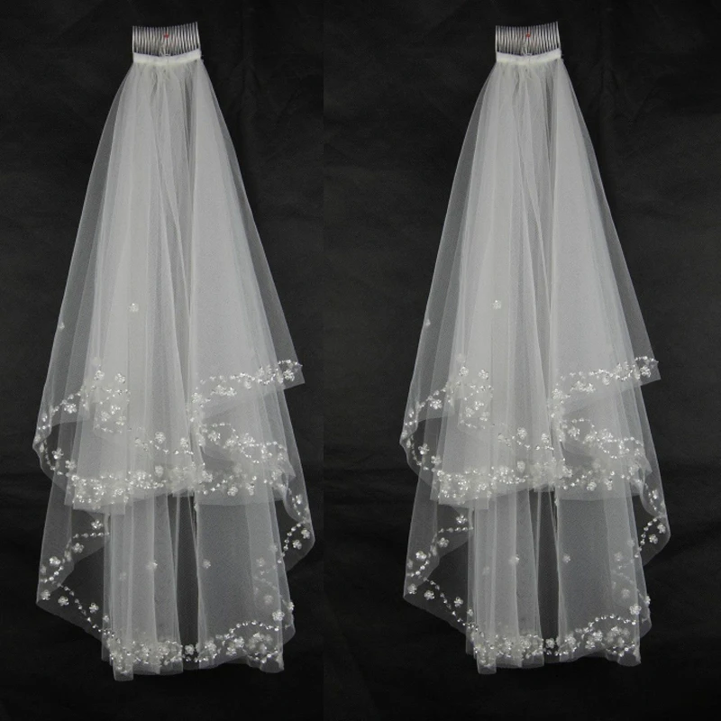 Новые Свадебные вуали с кристаллами и бусинами, Размер 2 T, Свадебные вуали с гребнем