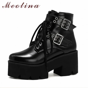

Meotina Patent Leather Platform High Heel Ankle Boots Buckle Block Heels Motorcycle Boots Zip Lace Up Short Boots Winter Black