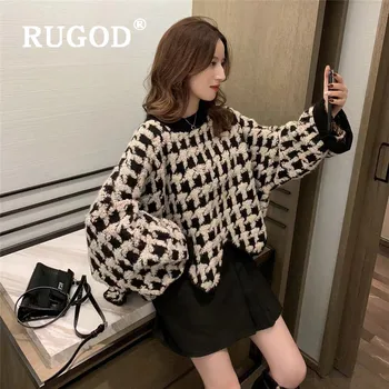 

RUGOD oversized women's sweater plaid pattern o neck loose plus size knit pullover fashion female casual korean sweater pull