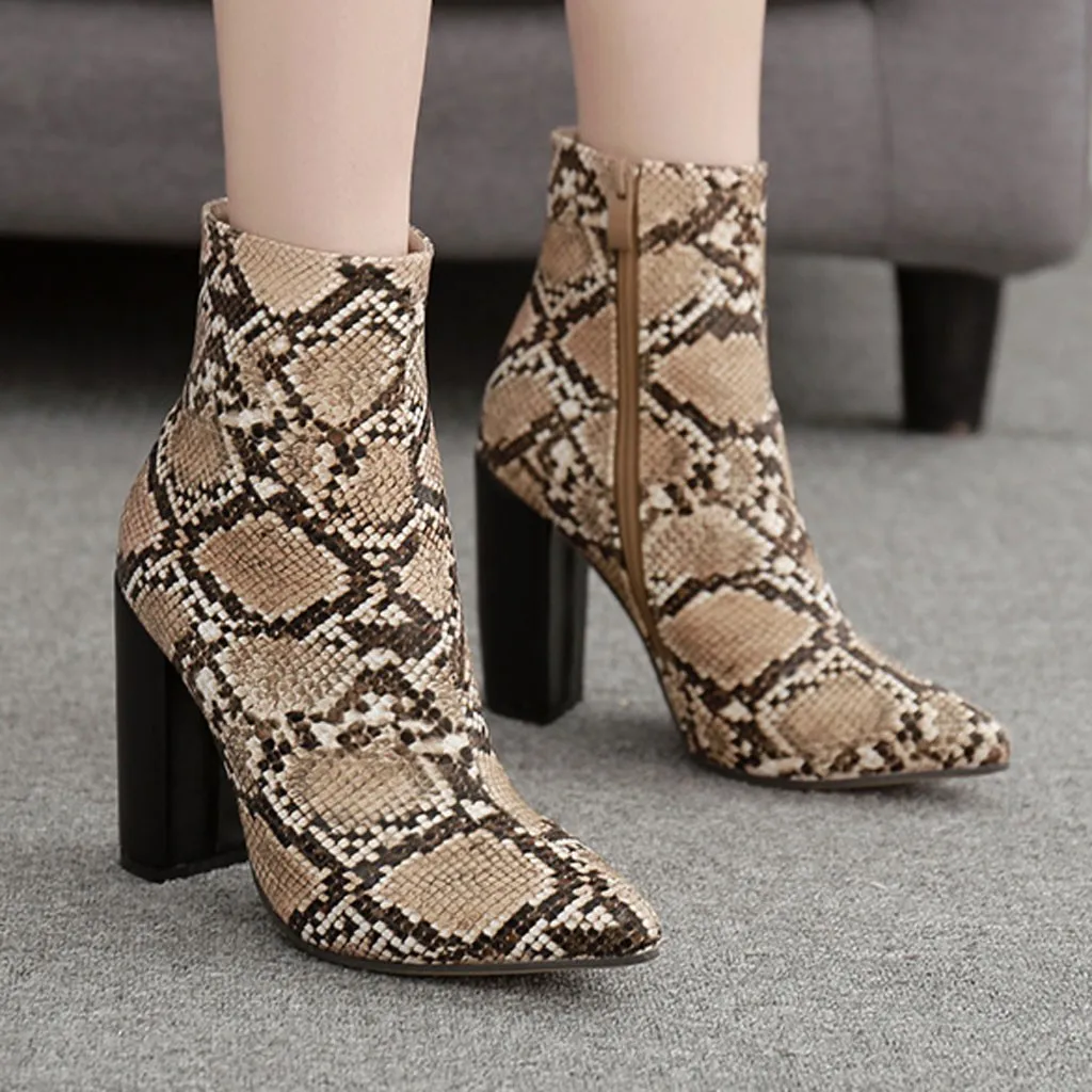 

MUQGEW 35-42 Plus Size Square heel Boots Pointed Toe Women Boots Zipper Thick Ankle Boots High Heel Shoes Snake Boots #809