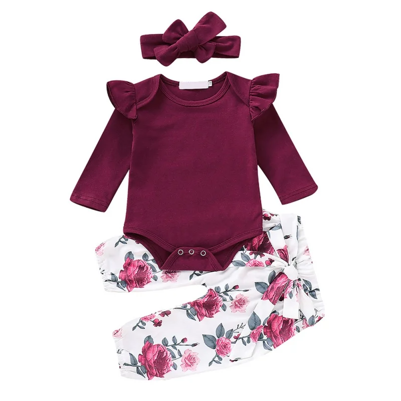 Осенняя одежда для новорожденных от 0 до 18 месяцев, детская одежда для малышки, комбинезон с рукавами-крылышками+ штаны с цветочным принтом+ повязка на голову, одежда для малышей