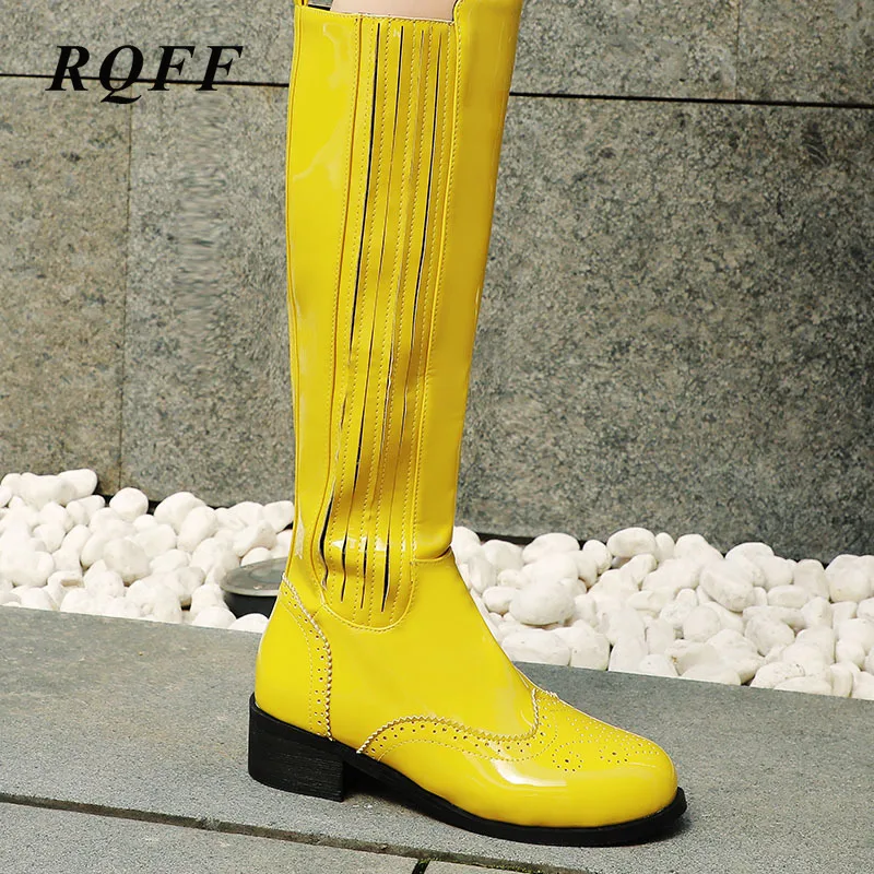 

New Autumn Winter Knee-high Boots Women 2019 Plus Big Size 42 43 Fashion Square Heel Shoe Woman Lacquer Pu Platform Solid Purple