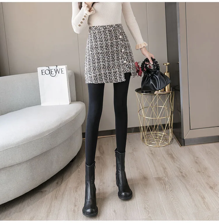 Autumn Winter Mini Tweed Skirt Women Elegant Plaid Skirts Ladies Fashion Korean High Waist Buttons Sexy Short Skirts Package Hip