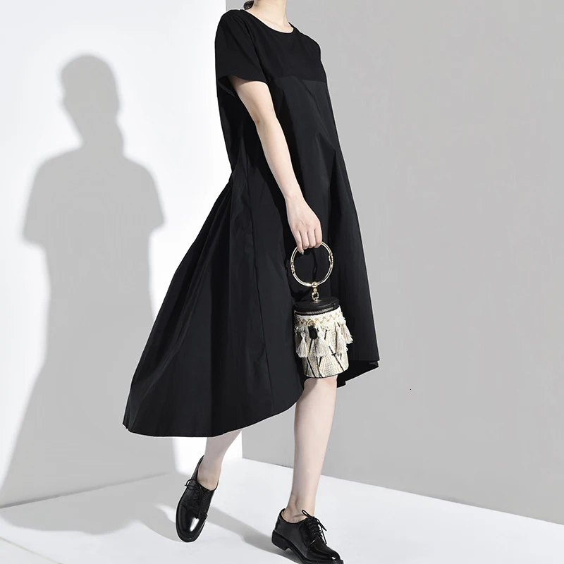 [EAM] Новое весенне-осеннее платье с круглым вырезом и коротким рукавом, Черное длинное плиссированное платье с разрезом, женское модное платье F5580