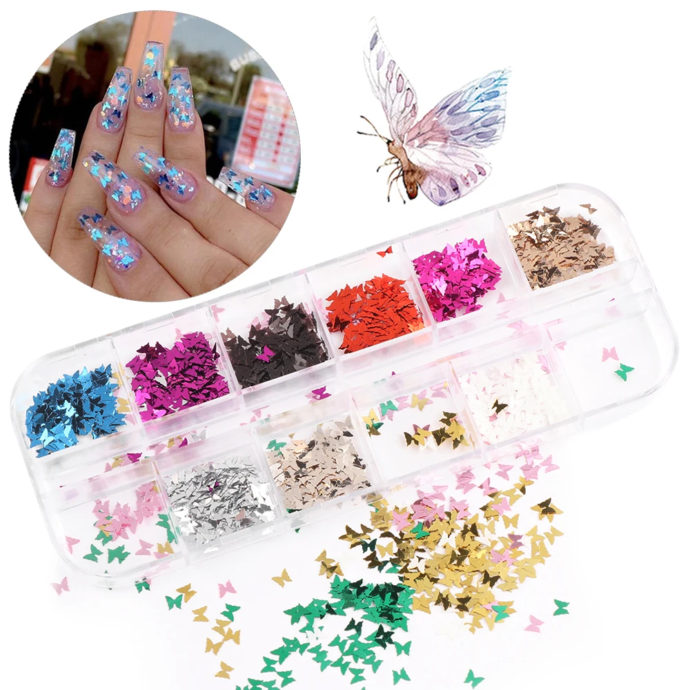 12 сеток/Набор DIY 3D многоцветная форма бабочки блестки для ногтей хлопья для ногтей голографическая лазерная наклейка украшения для ногтей