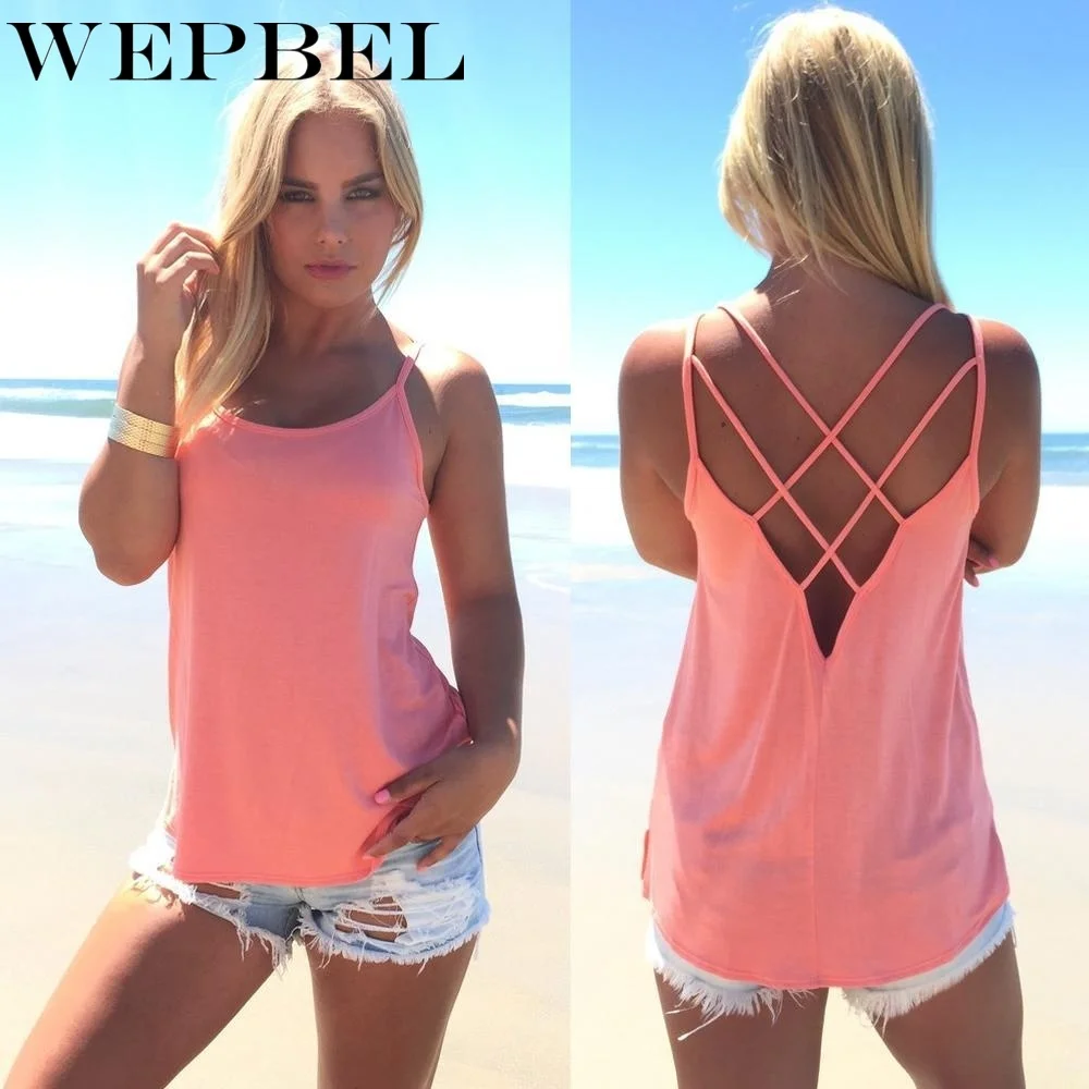 

WEPBEL Women Sexy Strap Cross Hollow Out Vest Pure Color Basic Casual Loose Tank Tops Camis