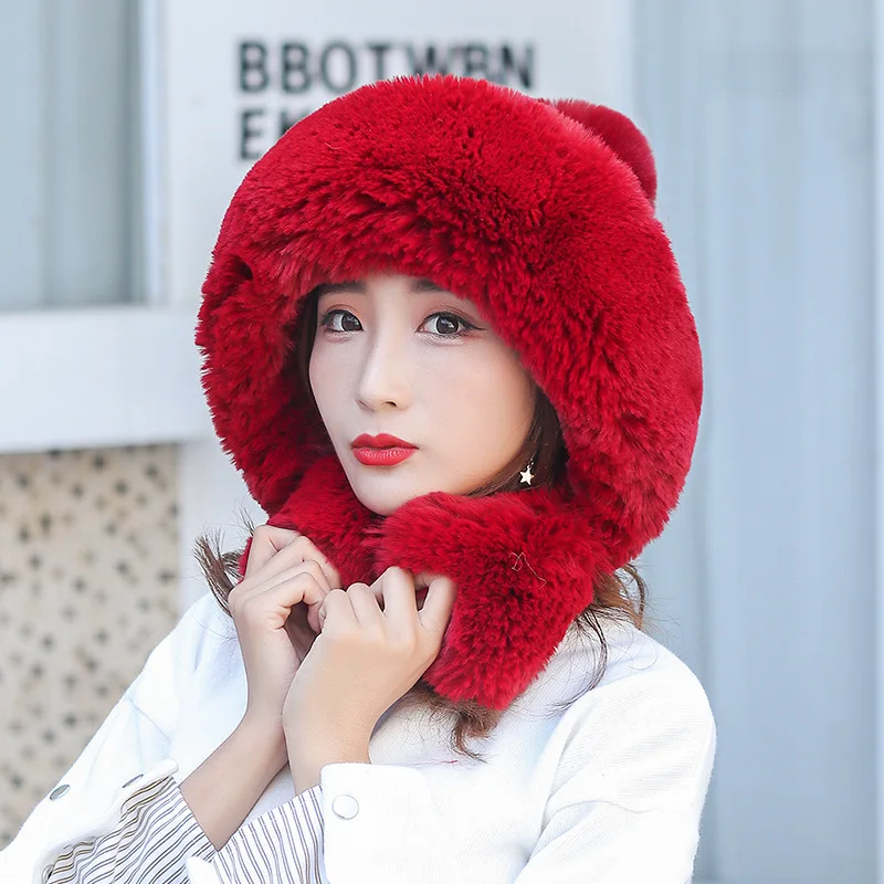 USPOP Women skullies thickened velvet knitted hats warm snow hats female winter hats cute pompom beanies - Цвет: Бургундия