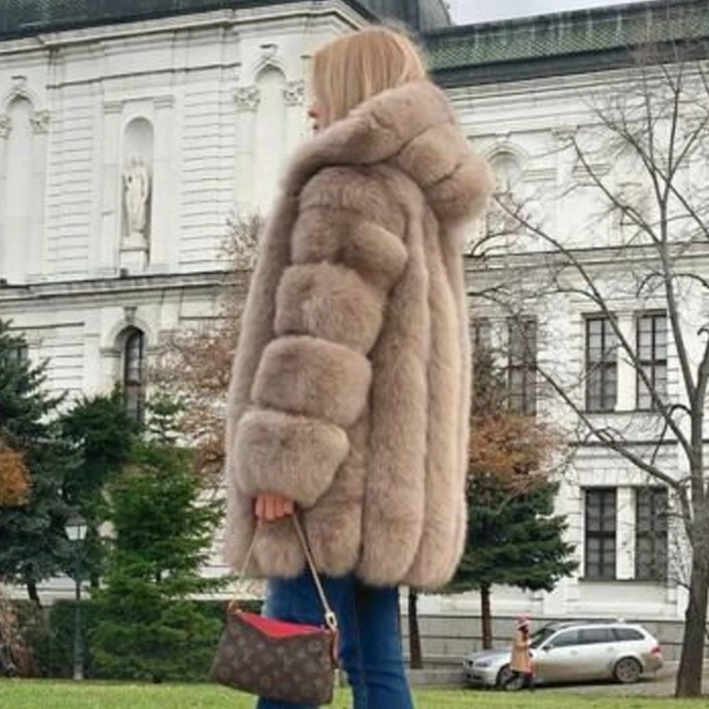 Medium Length Real Fox Fur Jacket with Hood Thick Warm Fur Overcoat Luxury Women Winter New Genuine Fox Fur Coats Female Outwear