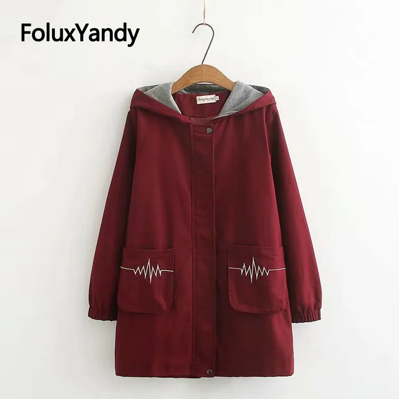 

2019 New Autumn Trench Coat for Women Casual Coats Plus Size Loose Embroidery Loose Hooded Long Trench Outerwear KKFY3885