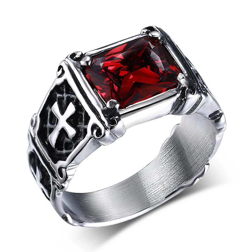 Cross Ruby red & black zircon diamonds gemstones rings for men punk gothic stainless steel jewelry cool fashion accessories gift Cross Ruby red & black zircon diamonds gemstones rings for men punk gothic stainless steel jewelry cool fashion accessories gift