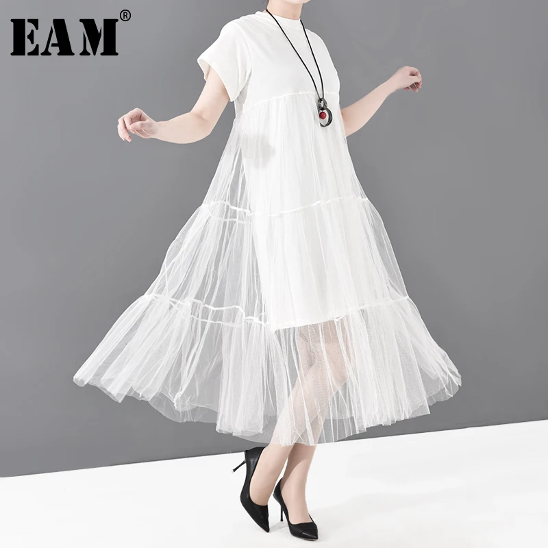[EAM] Women Black Mesh Asymmetrical Temperament Dress New Round Neck Short Sleeve Loose Fit Fashion Tide Spring Summer 2020 3362
