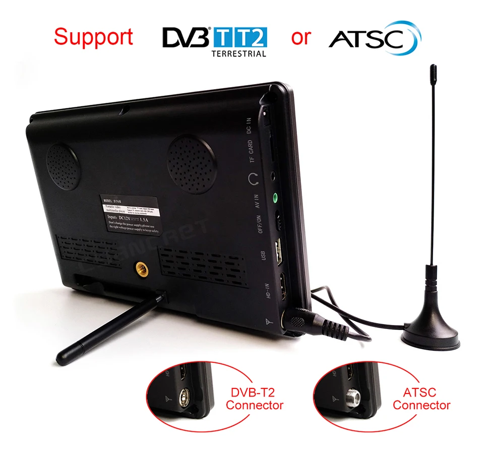 D7 7-Inch PortableTV DVB-T2 ATSC TDT Analog Small Car TV Supports USB TF MP4 H.265 AC3