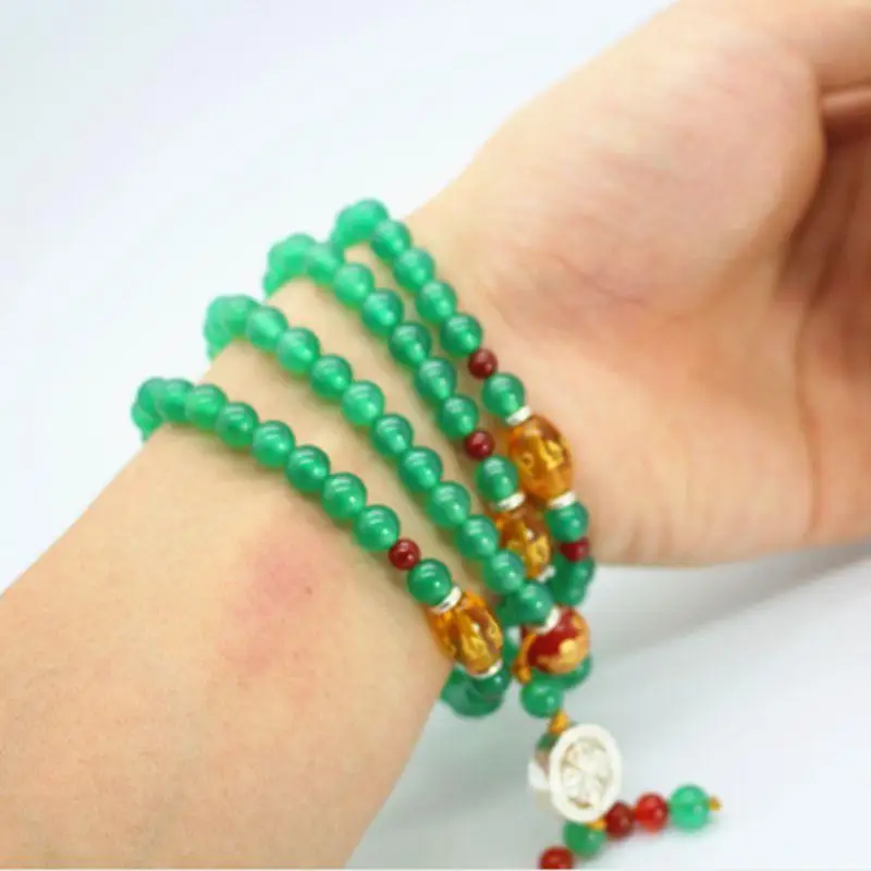 Natural Green Onyx Collocation Sterling Silver 108 Buddhism Bead Bracelet