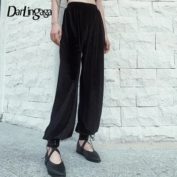 

Darlingaga Casual Loose Black Velvet High Waist Pants Sweatpants Streetwear Trousers Lace Up Autumn Winter Pants Women Pantalon