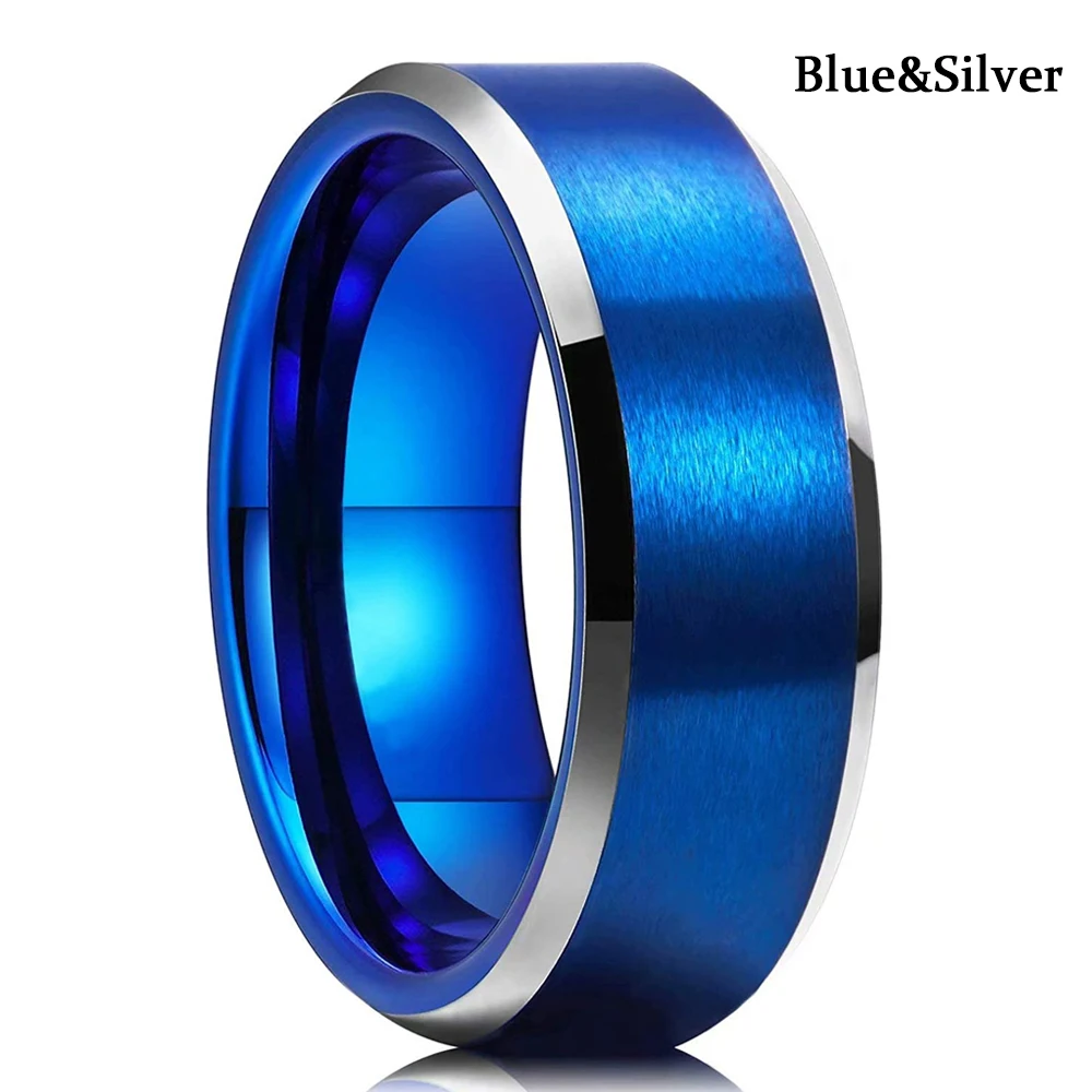 6 Colors Simple 8mm Men Tungsten Carbid Ring Gold Blue Black Matte Finish Beveled Polished Edge Engagement Ring Men Wedding Band