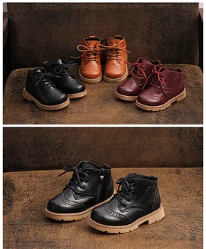 

New Winter Boys' Girls' Flat Boots With Cross laces And Rubber Sole, Kids Genuine Leather Waterproof And Warm Shoes