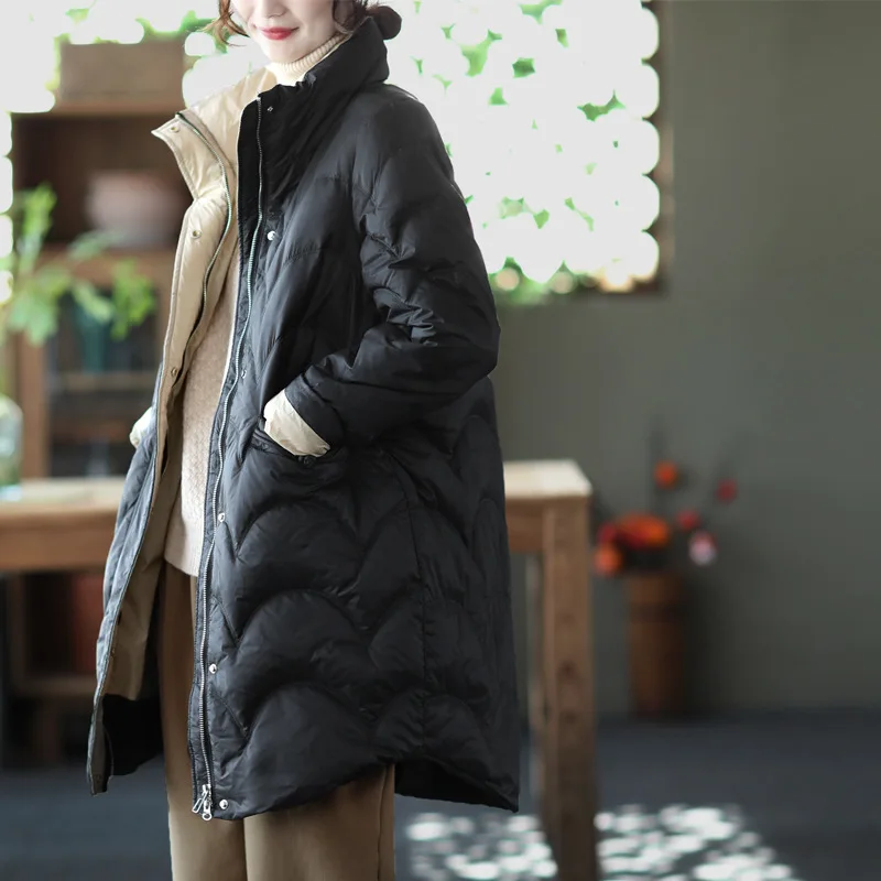 Mid-length Stand-up Collar Button Down Jacket 2021 Autumn and Winter Warm White Duck Down Jacket Women Clothes