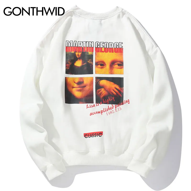 GONTHWID Mona Lisa/пуловер с начёсом Толстовка для мужчин Harajuku Повседневная Хип Хоп модная Толстовка уличная Толстовка Топы