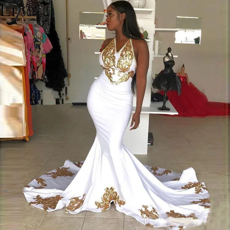 

Sexy Mermaid Sweep Train Special Occasion Prom Dresses 2019 Rose Gold Applique Sequins Halter V-neck African Plus Size Evening Gowns Formal Dress robe de soiree abendkleider
