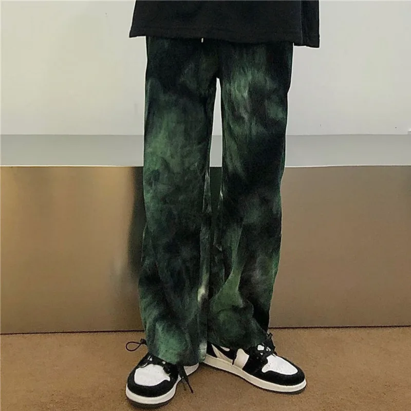 Hip Hop Tie Dye Pants Men's Fashion Casual Retro Corduroy Pants Men Streetwear Korean Loose Straight Wide Legs Pants Mens M-XL