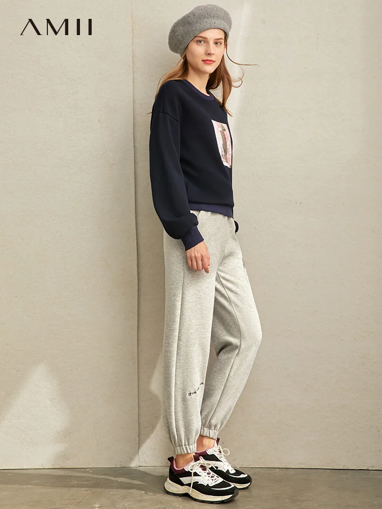 Amii minimalist fashion sports casual pants women's new tie letter embroidered suede pants in winter