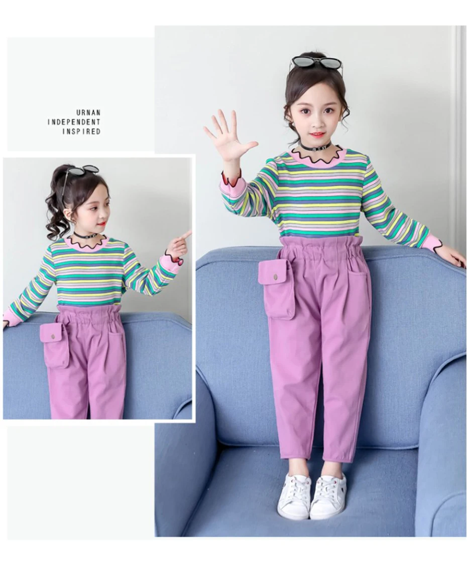 Детская одежда, полосатый свитер и штаны, комплекты для девочек, модная одежда с карманами, Осенний Корейский детский костюм для девочек