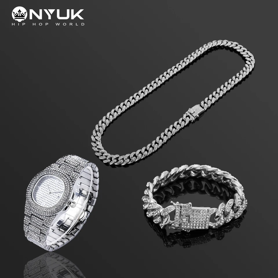 Silver Set NYUK браслет в стиле хип-хоп, США, Снаряженная кубинская цепь золото серебро, покрытый стразами, CZ Bling, рэперское ожерелье, часы для мужчин, ювелирные изделия - Окраска металла: Silver Set
