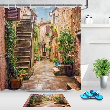 

Alley In Old Italy Town European Style Shower Curtains Scenic Waterproof And Mat Nature Fabric Bathroom Decor For Bathtub Set