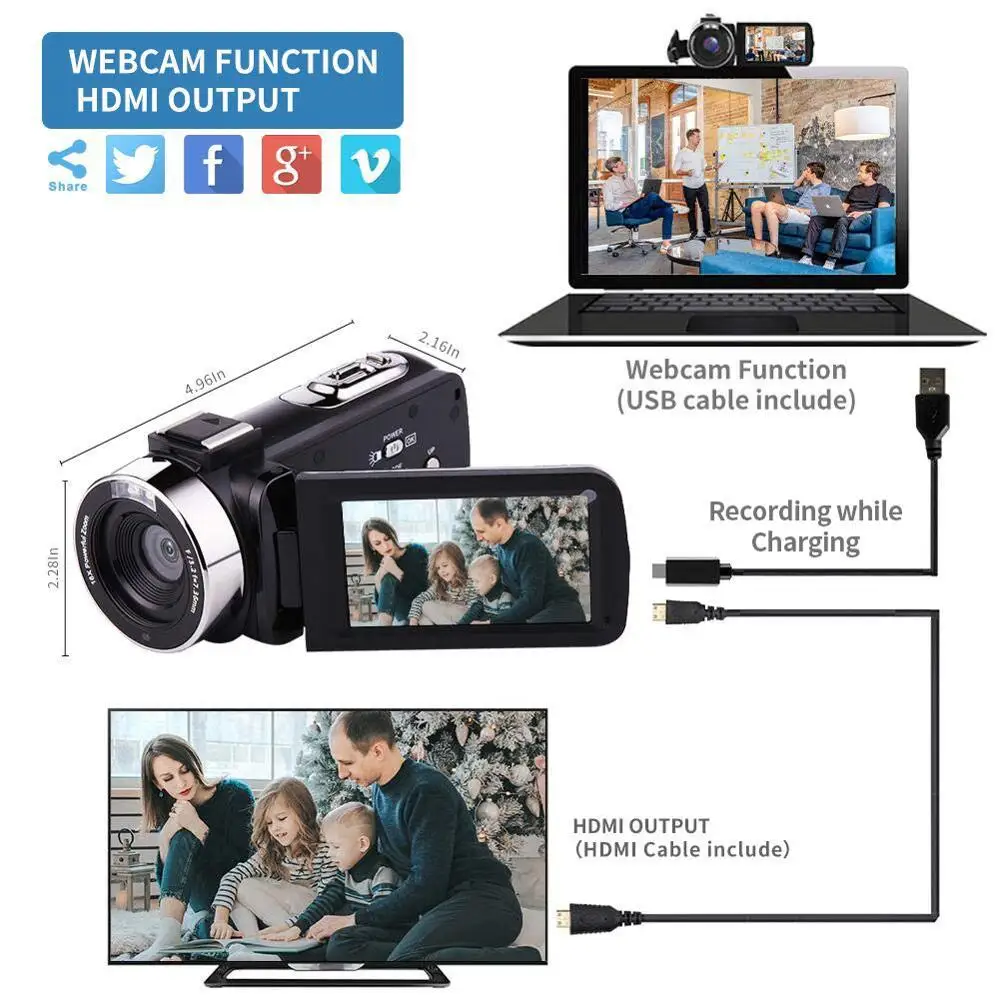 KOMERY Digital Video Camcorder Affordable Handycam 30MP Touch Screen 16 x Digital Zoom Video Recorder Camera