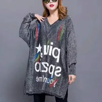 

Colorful Print Long Sweaters V Neck Tide Letter Print Jumpers Female Long Sleeve Plus Size Tops Women 2019 Autumn New SA033S30