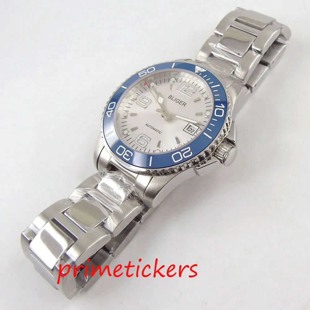 Self winding movement 40mm BLIGER white dial blue bezel men's watch stainless steel strap date window rotating bezel