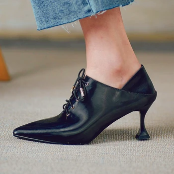 

INS Women pumps natural leather shoes plus size Silk cowhide Lace up Europe and America high heels ladies shoes Step on the heel