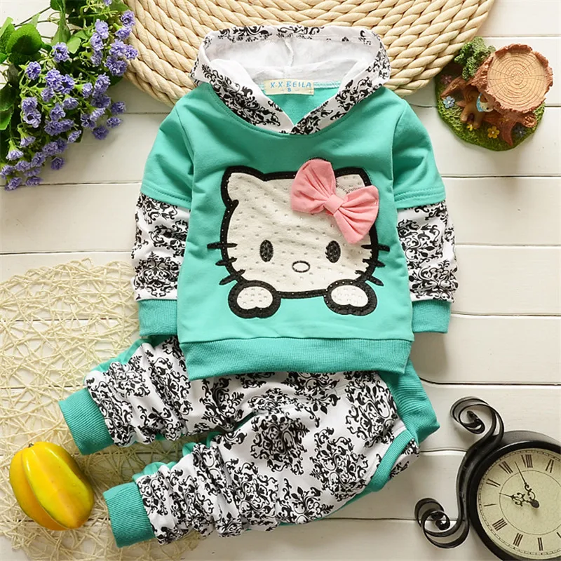 Hello kitty/Новинка; комплект одежды для новорожденных девочек; одежда для малышей; Спортивный костюм; детский спортивный костюм; детская одежда - Цвет: Зеленый