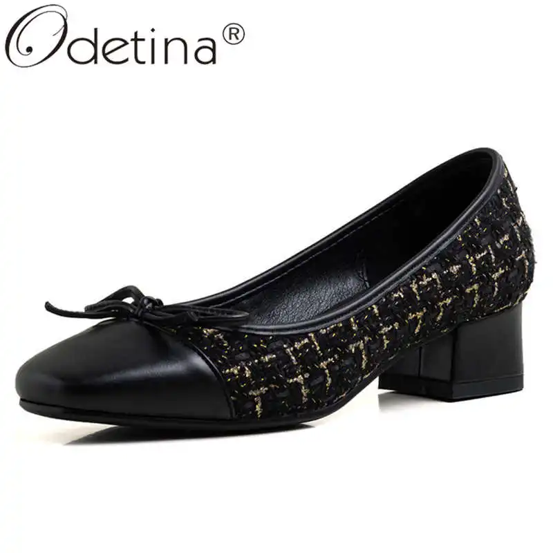 

Odetina Women Fashion Slip On Costume Tweed Square Toe Casual Shoes Female Concise Plaid Bow Block Mid Heel Retro Loafers Shoes