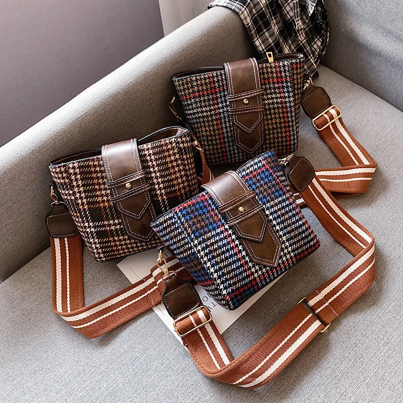 

2019 New Style Students Bag Women's Shoulder Bucket Bag Shoulder Bag Wide-Strap Versatile Plaid INS Tidal Harbor-Style