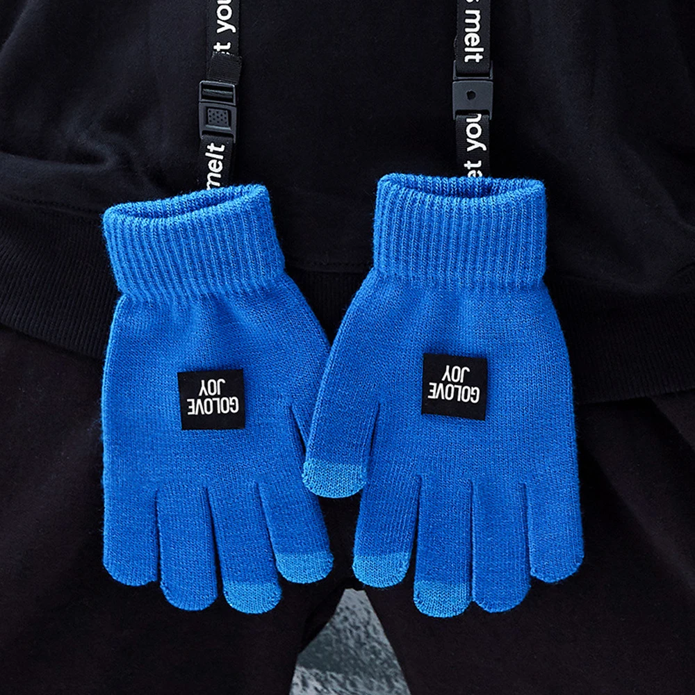 1Pair Winter Gloves With Hanging Rope Knit Mitten Anti-slip Touch Screen Gloves Wool Warm Gloves for Men Boys - Color: Blue