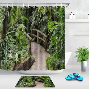 

Tropical Plants Decor Retro Wooden Bridge Green Leaves Shower Curtain Mildew Resistant Polyester Fabric Bath Curtain Decorations