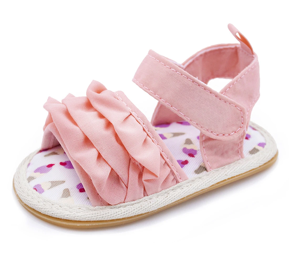 Обувь для маленьких девочек; сандалии на плоской подошве для малышей; Высококачественная обувь на мягкой резиновой подошве с нескользящей подошвой; летняя кружевная обувь с цветочным узором для малышей; обувь для первых шагов - Цвет: rubber sole pink