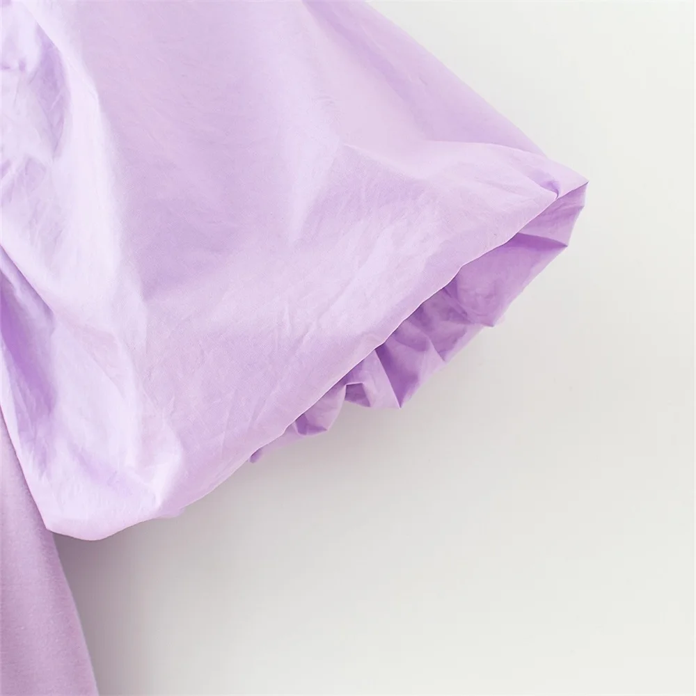 2020 summer new French niche design sense of versatile slim slim purple stitching bubble sleeve top female short shirt