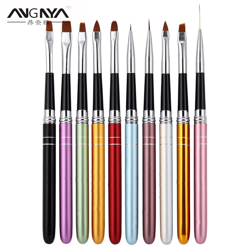 ANGNYA 10Pcs Nail Art Brush Set Drawing Painting Tool 10 Colors Professional Pen Manicure Liner Dotting 3D Carving UV Gel | Красота и