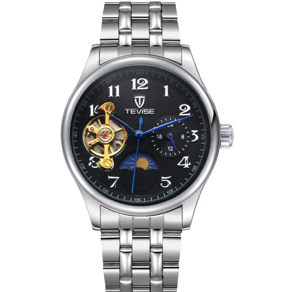 Switzerland TEVISE Moon фазный Автоматический мужские механические часы Tourbillon кожаный стальной Ремешок Модные Повседневные водонепроницаемые наручные часы