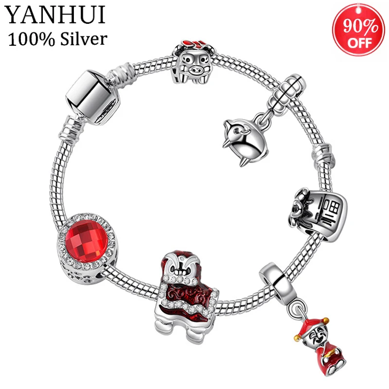 

90% OFF Original Silver Animal Pig Charms Bracelets & Bangles Women Jewelry Red Crystal Bead Bracelet DIY Handmade for Girl Gift