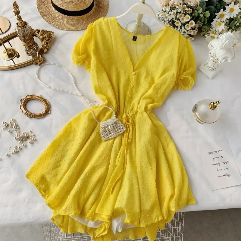 

2019 New Summer Sweet V Neck Short Sleeve Slim Wide Leg Playsuits Women Solid Color Elegant Overalls Jumpsuits J146