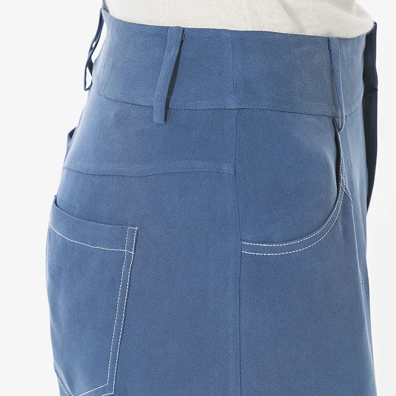 VOA Silk 30m/m Blue Trousers Fashion Street Women Pants KE3 Bright Line Decoration Loose Nine-Point Wide-leg Pant Spring 2021