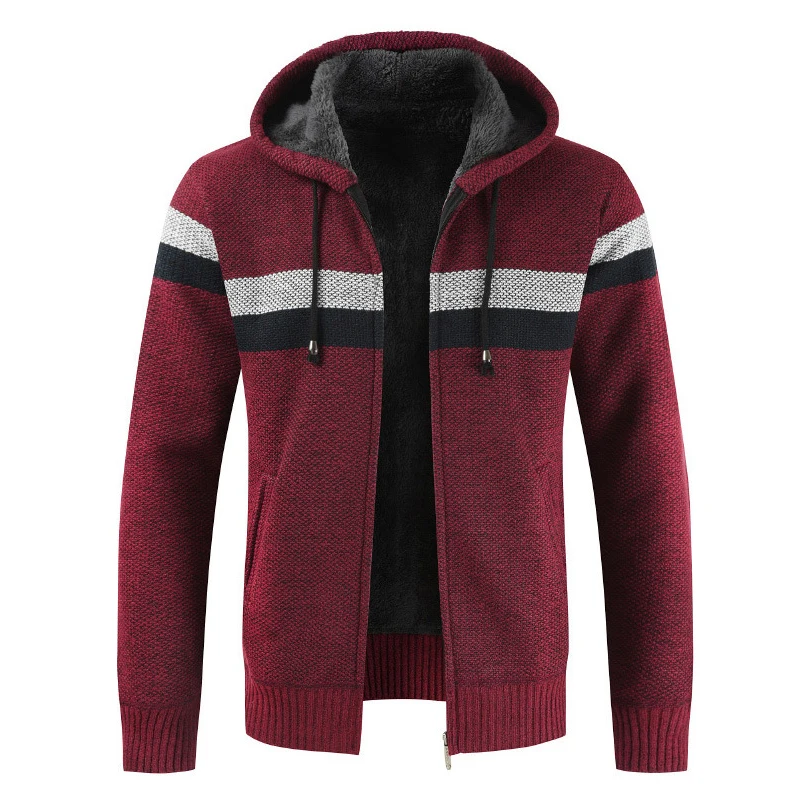 Зимняя мужская куртка с капюшоном, плотное флисовое пальто, лоскутный вязаный свитер, кардиганы, Повседневная Верхняя одежда на молнии, мужские облегающие свитера, топы - Цвет: Red FK154