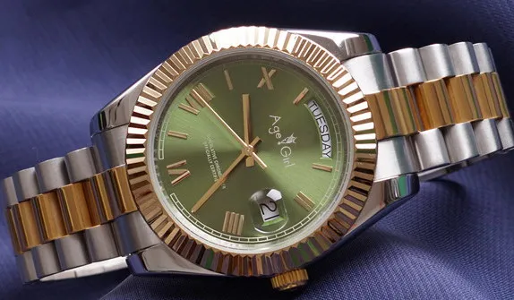 

Luxury Brand New Men Daydate Yellow Gold Blue Green White Diamond Rome Automatic Mechanical Stainless Steel Sapphire Watch 36mm