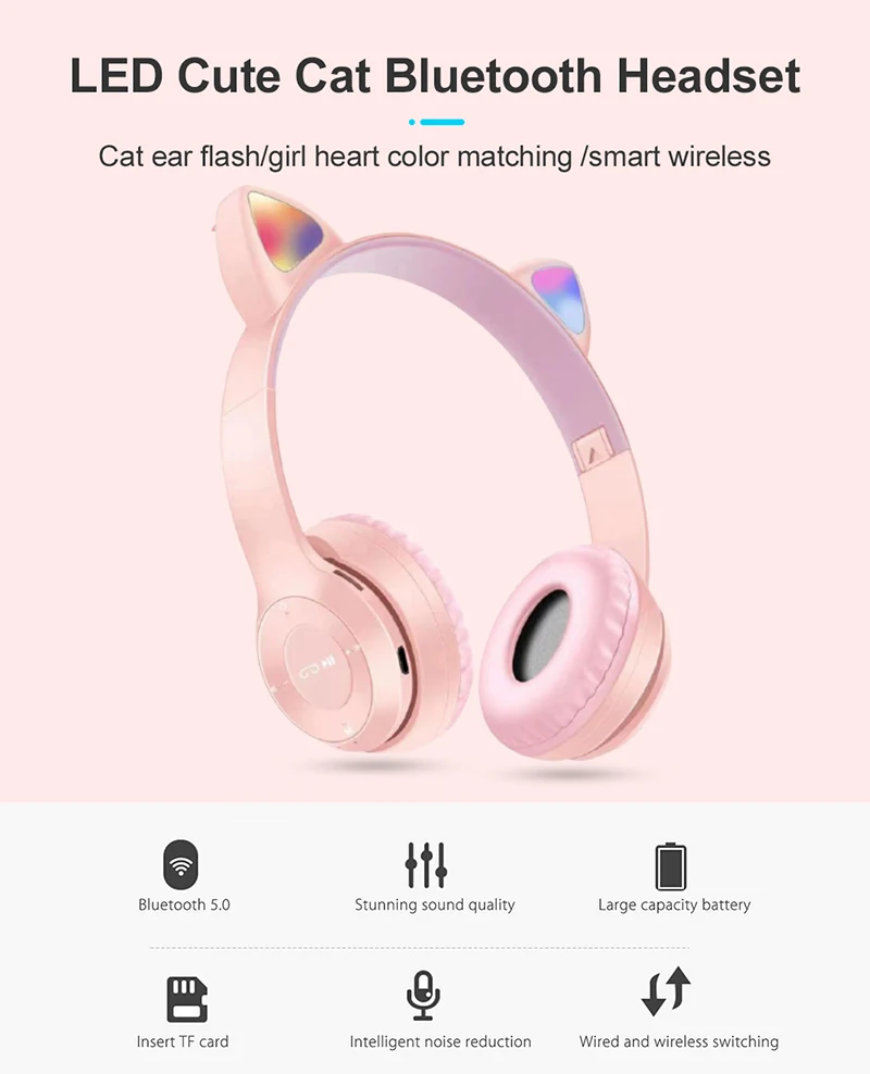 2021 Cute Cat Ears Bluetooth 5.0 Wireless Headphone With Mic Can Control LED Kid Girl Stereo Music Helmet Phone Headset Gift