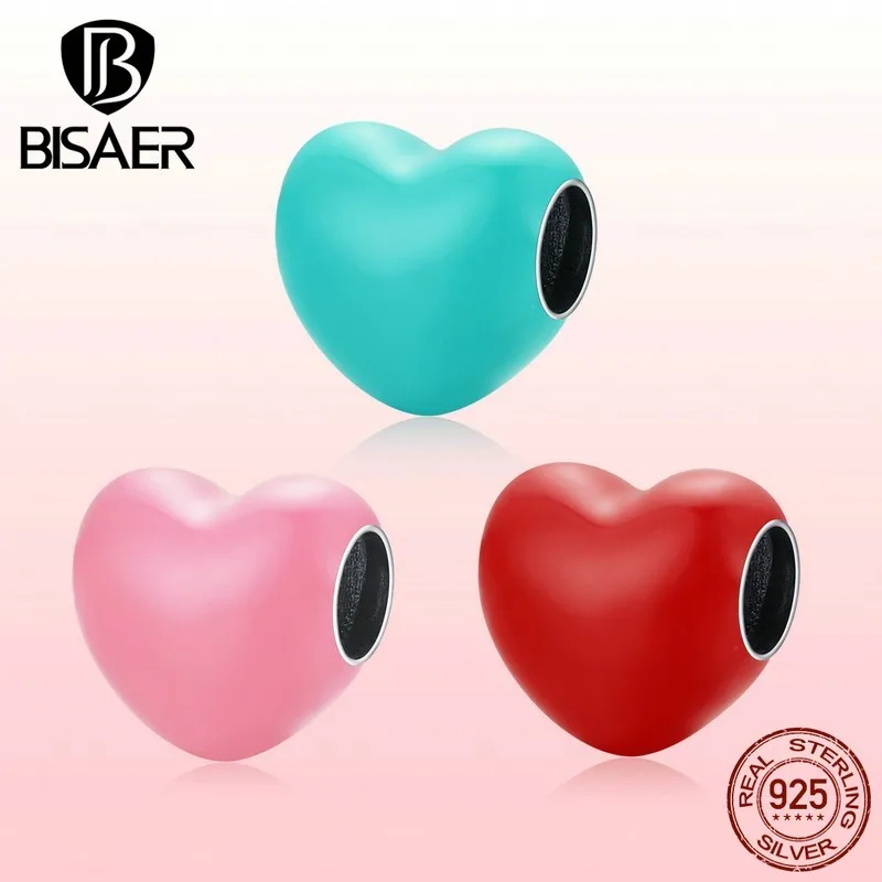 

BISAER 925 Sterling Silver Colored Enamel PINK Red Heart Charms For DIY Jewelry Making Fit Original Bracelet Necklace ECC1986